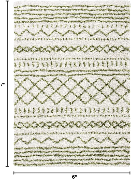 SAFAVIEH Arizona Shag Collection Area Rug - 5'1" x 7'6", Ivory & Green, Moroccan Design, Non-Shedding & Easy Care, 1.6-inch Thick Ideal for High Traffic Areas in Living Room, Bedroom (ASG741Y)