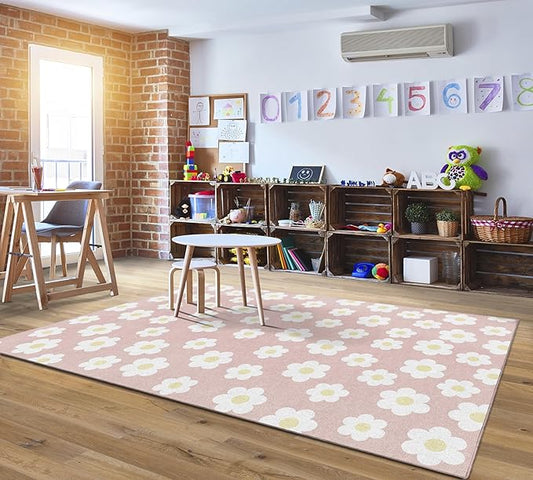 Flagship Carpets Schoolgirl Style Retro Daisies on Pink Educational Area Rug for Kids Room Seating Décor, Children's Classroom, Play Carpet for Teaching and Playroom, 7'6 "x 12'