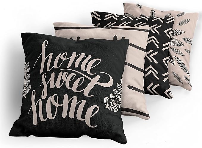 Ambesonne Modern Throw Pillow Cushion Case Pack of 4, Scandinavian Minimal Ornaments Boho Feather Leaves and Home Phrase, Modern Accent Double-Sided Digital Printing, 16", Pale Tan and Charcoal Grey