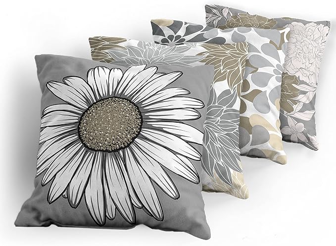 Ambesonne Floral Throw Pillow Cushion Case Pack of 4, Flower Petals Modern Color Palette Chamomile Peony Dahlia and Sunflower Print, Modern Accent Double-Sided Digital Printing, 20", Slate Brown Grey