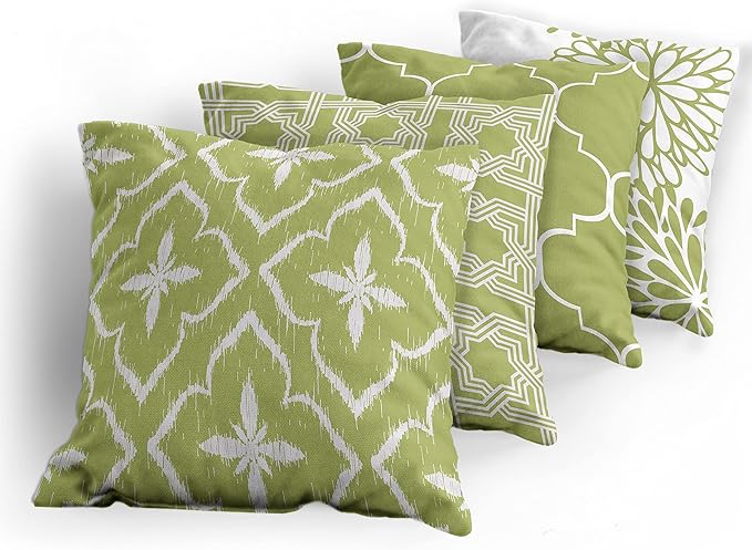 Ambesonne Vintage Throw Pillow Cushion Case Pack of 4, Monochrome Design Grid Trellis Quatrefoil Mesh and Dahlia Flowers Modern, Modern Accent Double-Sided Digital Printing, 20", Olive Green