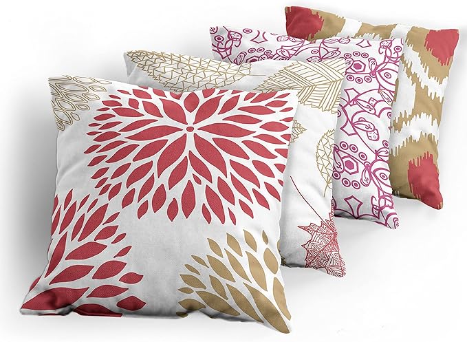 Ambesonne Vintage Throw Pillow Cushion Case Pack of 4, Bohemian Ornamental Leaves Dahlia Pattern Geometric Art Curlicue Motif, Modern Accent Double-Sided Digital Printing, 18", Dark Pink and Camel