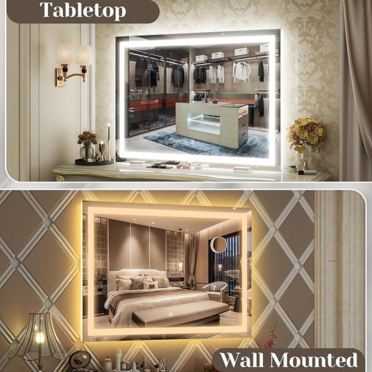 FENNIO Large Vanity Mirror with Lights,38" x 28" LED Makeup Mirror,Hollywood Mirror with 3 Color Modes & Adjustable Brightness,Vanity Mirror Square White