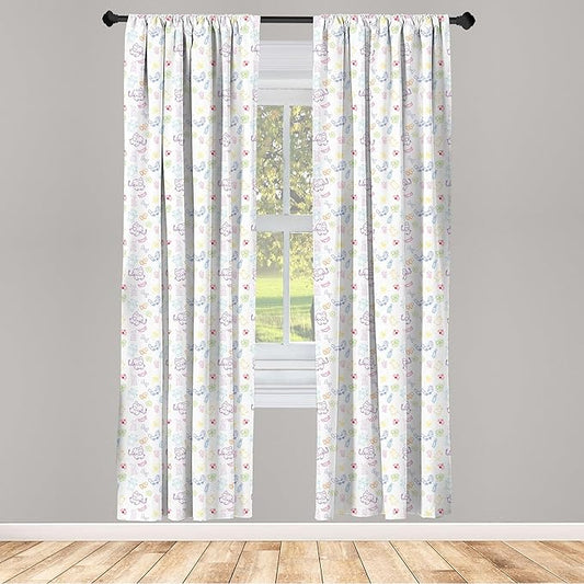 Ambesonne Cartoon Curtains, Drawing Style Elephants Teddy Bears Flowers Butterflies Bees Pattern, Window Treatments 2 Panel Set for Living Room Bedroom, Pair of - 28" x 84", Blue White