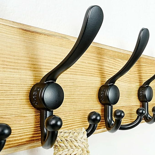 Dseap Coat Rack Wall Mount - Heavy-Duty Robust Rustic Wooden Wall Coat Hanger Hook Rail with 5 Triple Hooks for Winter Jacket & Hat Clothing, Light Brown & Black