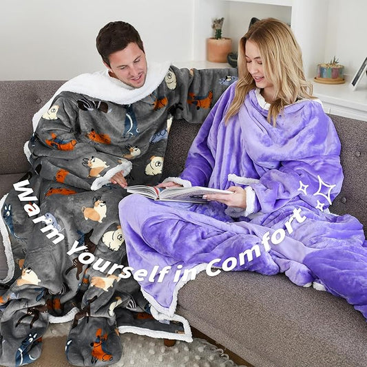 Catalonia Sherpa Wearable Blanket with Sleeves & Foot Pockets for Adult Women Men, Comfy Snuggly Wrap Sleeved Throw Blanket Robe, Gift Idea