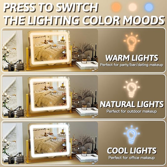 FENNIO Vanity Mirror with Lights, 12" x 16" Lighted Makeup Mirror with Smart Touch Control, 3 Color Modes & Brightness Adjustable, LED Makeup Mirror with 10X Magnification, 360° Rotation (Gold