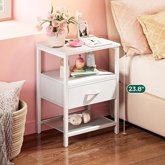 Huuger Nightstand Set of 2, Night Stand with Fabric Drawer, Mesh Shelf, Side Table with Storage, Fabric Drawer Dresser, Open Shelf, Metal Frame, Bedroom, White