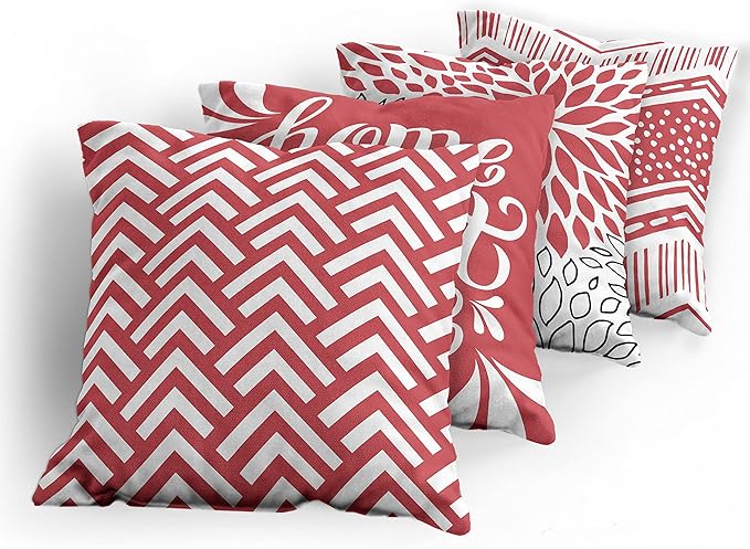 Ambesonne Geometric Throw Pillow Cushion Case Pack of 4, Home Phrase Minimal Zigzag Squama Dahlia Flower Petals Chevron Tribal, Modern Accent Double-Sided Digital Printing, 24", Dark Coral and White