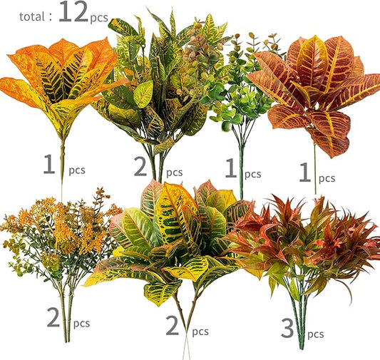 PARTY JOY 12 Bunches Artificial Fall Flowers, Fake Plants Outdoor, Fake Bushes UV Resistant Artificial Flowers Greenery Shrubs Faux Greenery for Outdoor Garden Patio Front Porch Yard Decor