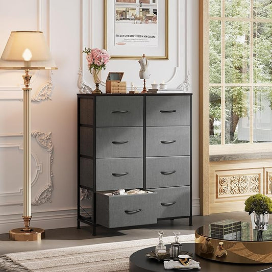 WLIVE Fabric Dresser for Bedroom, Tall Dresser with 8 Drawers, Storage Tower with Fabric Bins, Double Dressers, Chest of Drawers for Closet, Living Room, Hallway, Dark Gray