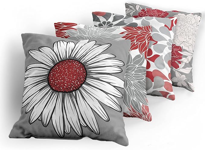 Ambesonne Floral Throw Pillow Cushion Case Pack of 4, Flower Petals Modern Color Palette Chamomile Peony Dahlia and Sunflower Print, Modern Accent Double-Sided Digital Printing, 24", Grey Dark Pink