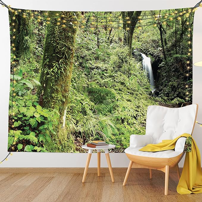 Lunarable Woodland Tapestry King Size, Waterfall in Deep Forest Scenery in The Woods Green of Earth Covering Plants, Wall Hanging Bedspread Bed Cover Wall Decor, King Size, Forest Green