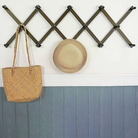 WEBI Accordion Wall Hanger,Expandable Wooden Hat Rack for Wall Mounted Coat Rack,Accordion Hat Hooks Holder for Baseball Caps,14 Peg,Dark Walnut