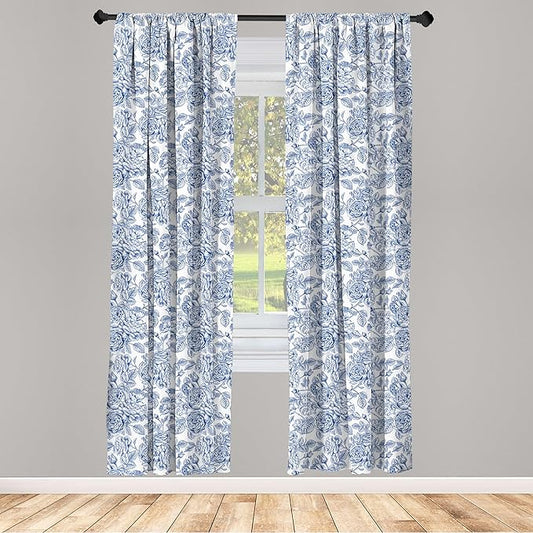 Ambesonne Rose Window Curtains, Vintage Design of Monochromatic Flowers with Leaves Drawing, Lightweight Decorative Panels Set of 2 with Rod Pocket, Pair of - 28" x 63", Pale Blue