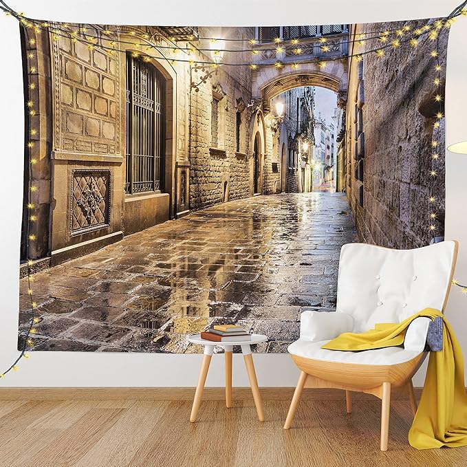Lunarable City Tapestry, Narrow Street Gothic Design Architecture Carrer del Bisbe Barcelona Spain Europe, Wide Wall Hanging for Bedroom Living Room Dorm, 60" X 40", Tan Pale Brown