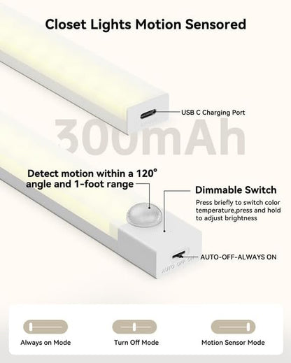 Under Cabinet Lighting 12 Inches Rechargeable Motion Sensor Light Indoor, 3 Color Dimmable Closet Light Battery Operated, USB Stick on LED Magnetic Under Counter Lights for Kitchen Stair, 6Packs