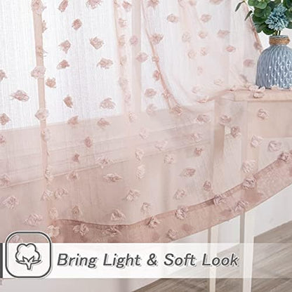 MYSKY HOME Pink Sheer Short Curtains with Pom Pom for Small Windows Dusty Rose Bedroom Nursery Kids Girls Room Curtains Cafe Kitchen Light Filtering Boho Drapes, Rod Pocket,52 x 45 Inches, 2 Panels