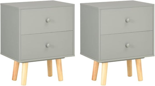 Scandinavian Bedside Cabinet Set of 2, Grey Modern Nightstands with Drawers for Bedroom and Living Room Storage, Minimalist Side Table with Ample Space for