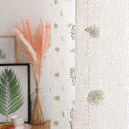MYSKY HOME Pom Pom Beige Sheer Curtains for Bedroom Girls Room Curtains for Nursery Kids Light Filtering Boho Window Drapes, Rod Pocket, 52 x 95 Inches, 2 Panels