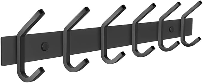 Matte Black Coat Rack Wall Mount – 17 Inch Stainless Steel Hook Rail with 6 Double Coat Hooks – Wall Mounted Entryway Organizer for Coats, Hats, Bags, Towels, Robes, Closet or Bathroom