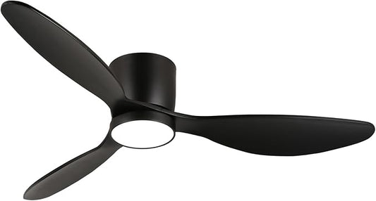 reiga 52 Inch Wood Black Modern Flush Mount Indoor Ceiling Fan with Light and Remote, 3 Propeller Blade, Quiet DC Motor for Bedroom Living Room