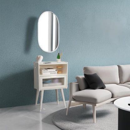Mid Century Modern Nightstand with Charging Station, Bedside Tables with Glass Drawer, End Table Side Table with 2 Tiers Storage Space, for Bedroom, Living Room, White
