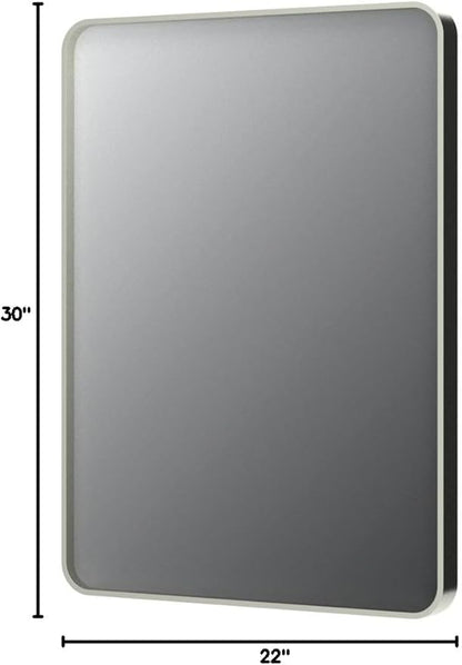 22x30 Inch Brushed Nickel Bathroom Mirror, Brushed Silver Metal Framed Wall Mirror, Rounded Corner Rectangle Modern Vanity Mirror, Tempered Glass, Anti-Rust, Shatterproof (Horizontal/Vertical)