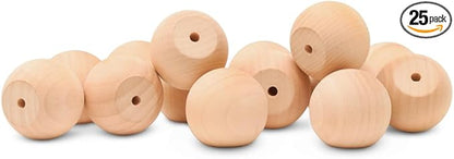 Wood Knobs, 1.5 Inch Round Natural Wood Drawer Pulls, Pack of 25 Unfinished Wooden Drawer Knobs, Ball Shaped Wood Cabinet Knobs, Nursery Dresser Knobs, Wood Door Knobs and Crafts