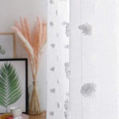 MYSKY HOME White Sheer Short Curtains with Pom Pom for Small Windows Bedroom Nursery Kids Girls Room Curtains Cafe Kitchen Light Filtering Boho Drapes, Rod Pocket,52 x 45 Inches, 2 Panels