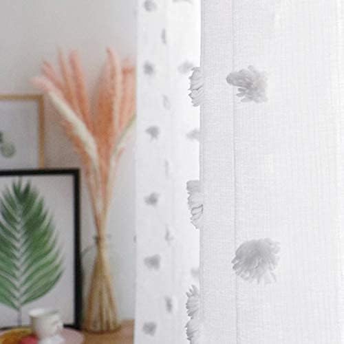 MYSKY HOME White Sheer Short Curtains with Pom Pom for Small Windows Bedroom Nursery Kids Girls Room Curtains Cafe Kitchen Light Filtering Boho Drapes, Rod Pocket,52 x 54 Inches, 2 Panels