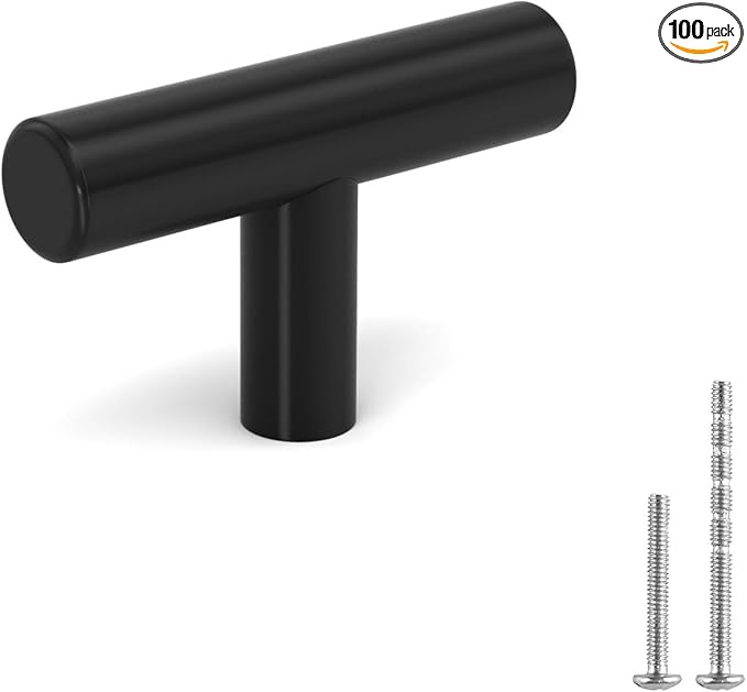 LONTAN 100 Pack Black Knobs for Cabinets and Drawers Kitchen Cabinet Knobs for Dresser Bathroom Modern T Bar Furniture Black Hardware,Stainless Steel