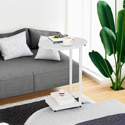 Hosfais Small Side Table End Table, C Shaped Oval Coffee Table, Wooden TV Tray for Living Room, Bedroom, Couch, Small Spaces (White)