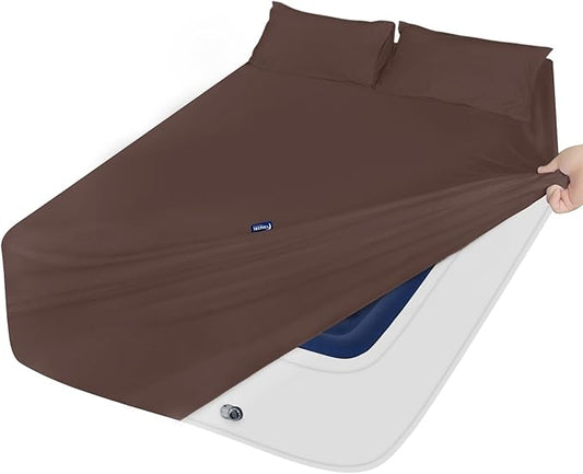 Queen Sheet Set for Air Mattress - Sheets Queen Size Bed Set - 3Pcs Side Storage Pocket Fitted Sheet & Pillowcases Easily Fits 16in to 24in Pillow Top Air Bed Mattress - Brown