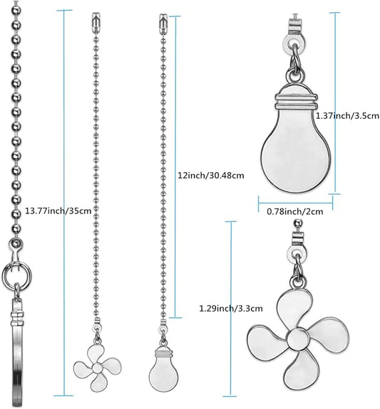 Ceiling Fan Pull Chain Set, 12 Inch Nickel, 4 Pieces Fan and Light Design Extension, for Ceiling Fan and Lighting