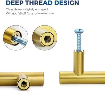 JOY DECOR 5 Pack Cabinet Handles, Gold Cabinet Pulls, 2-1/2 in Hole Center Kitchen Cabinet Handles, Stainless Steel T Bar Handles for Dresser Drawers