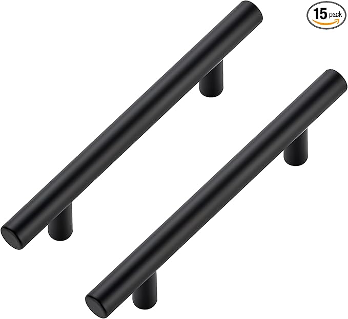JOY DECOR 15 Pack Cabinet Handles, Black Cabinet Pulls, 3-3/4 in Hole Center Kitchen Hardware, Stainless Steel T Bar Handles for Dresser Drawers
