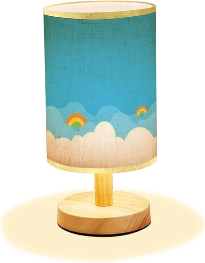Minimalist Bedside Table Lamp Colorful with white cloud and bright blue sky bottom border seamless Wood Nightstand Lamp Bedside Desk Lamp Wood Base Flaxen Fabric Shade for Bedroom Living Room