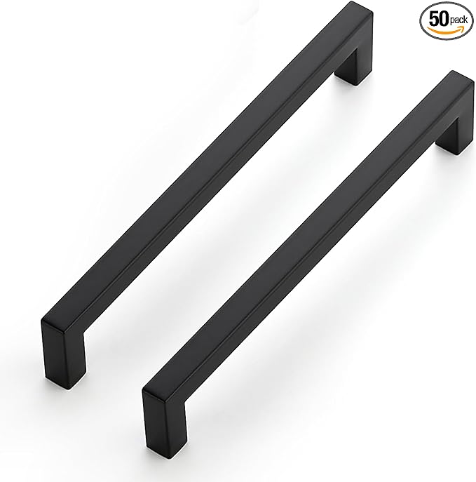 JOY DECOR 50 Pack Cabinet Handles, Black Cabinet Pulls, 7-1/2 Inch Kitchen Closet Handles Square Drawer Pulls Stainless Steel Drawer Hardware, 192mm Hole Centers