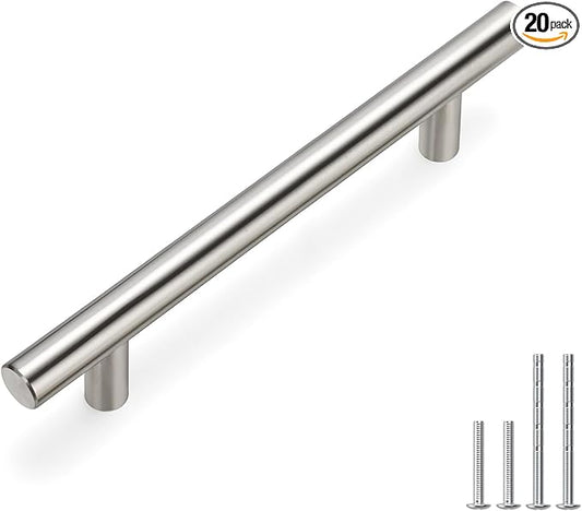 homdiy 20 Pack Brushed Nickel Round Bar Cabinet Pull Drawer Handle Stainless Steel Modern Hardware for Kitchen Cabinet Cabinets and Dresser Drawers, 4in Center to Center 201SN
