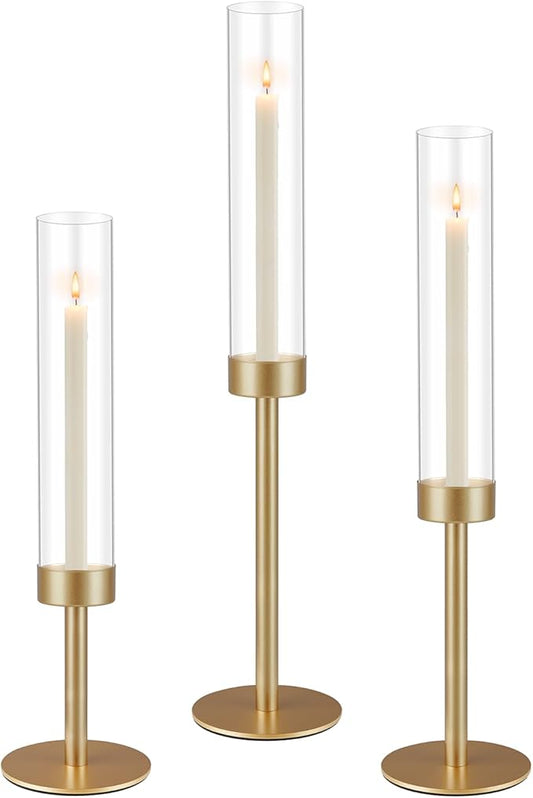 3Pcs Hurricane Glass Candle Holders Gold Candlestick Holders Taper Candle Holder with 9.8" Windproof Clear Cylinder Covers for Outdoor Indoor Tall Candle Stick Holder Decor for Wedding Party Fireplace