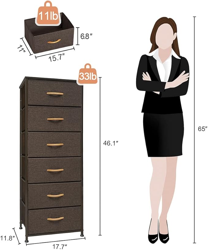 Crestlive Products Vertical Dresser Storage Tower - Sturdy Steel Frame, Wood Top, Easy Pull Fabric Bins, Wood Handles - Organizer Unit for Bedroom, Hallway, Entryway, Closets - 6 Drawers (Brown)
