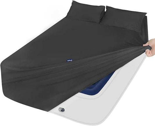 King Size Sheets Set for Air Mattress - Deep Pocket King Sheet Set - 3Pcs Side Storage Pocket Fitted Sheet & Pillowcases Easily Fits 16in to 24in Pillow Top Bed Mattress, Black
