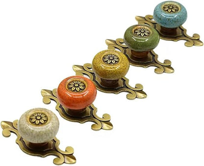 10 Pack Retro Ceramic Knobs,Vintage Dresser Kitchen Petal Cabinet Pulls Rustic Zinc Alloy Base Back Plate Kid Cupboard Wardrobe Drawer Door Handles (Leopard Print Orange)