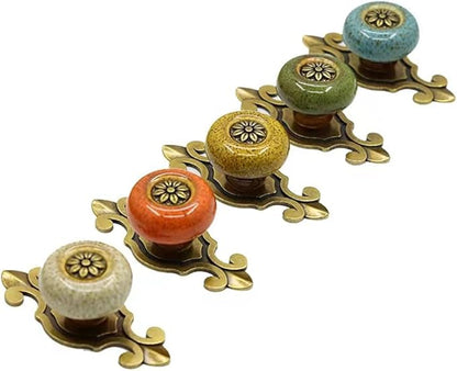 5 Pack Retro Ceramic Knobs,Vintage Dresser Kitchen Petal Cabinet Pulls Rustic Zinc Alloy Base Back Plate Kid Cupboard Wardrobe Drawer Door Handles (Leopard Print Yellow)