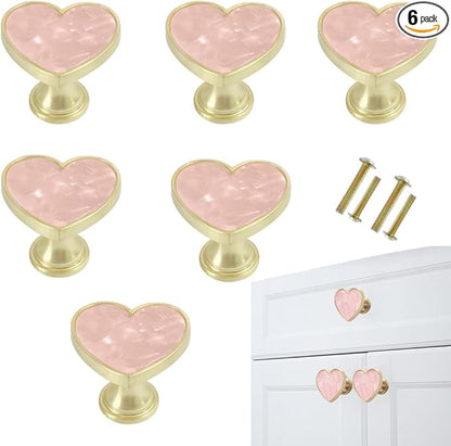 6 Pcs Brass Knobs Drawer Pulls Handles Heart-Shaped Gold Cabinet knobs, Suitable for Bathroom Drawer Kitchen Door Pulls Handles Heart-Shaped Handles (Pink)