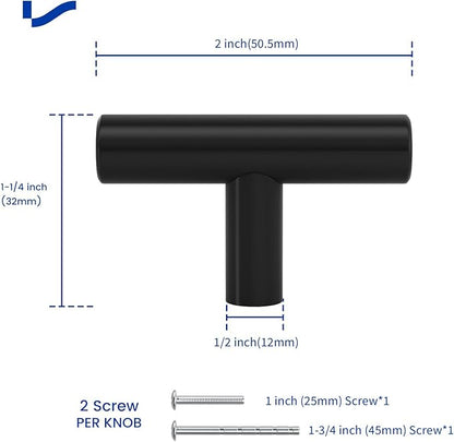 LONTAN 25 Pack Black Knobs for Cabinets and Drawers Kitchen Cabinet Knobs for Dresser Bathroom Modern T Bar Furniture Black Hardware,Stainless Steel