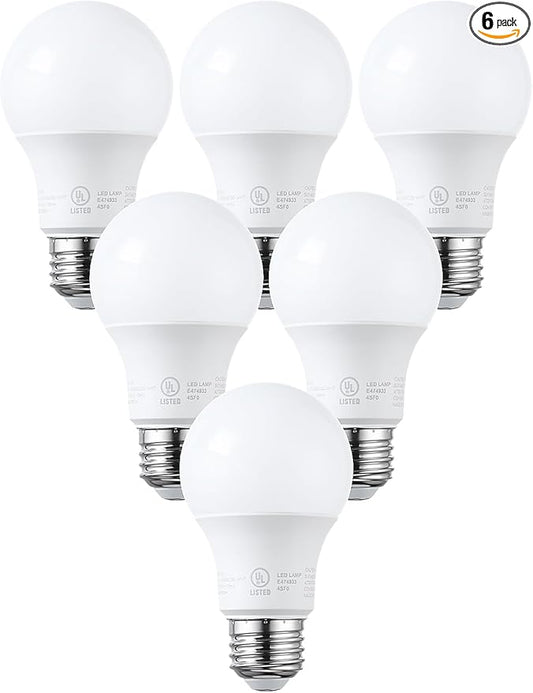 TORCHSTAR A19 LED Light Bulbs 60W Equivalent, UL Listed, 3000K Warm White, Dimmable, 9W, 800lm, Flicker Free, E26 Standard Base LED Bulb for Ceiling Fan, Lamp, 15,000hrs, Pack of 6