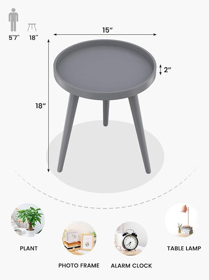 Apicizon Round Grey Side Table, Tray Nightstand Coffee End Table for Living Room, Bedroom, Small Spaces, Easy Assembly Bedside Table, 15 x 18 Inches