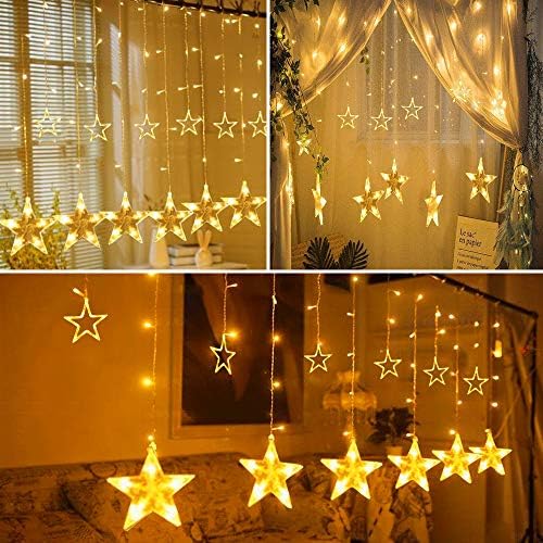 TOFU Star Curtain Lights, 108 Led 12 Stars Remote Window Curtain String Lights Plug in with 8 Flashing Modes Decoration for Christmas, Wedding, Bedroom, Party, Birthday, 7.3ft W, 3.3ft H, Warm White